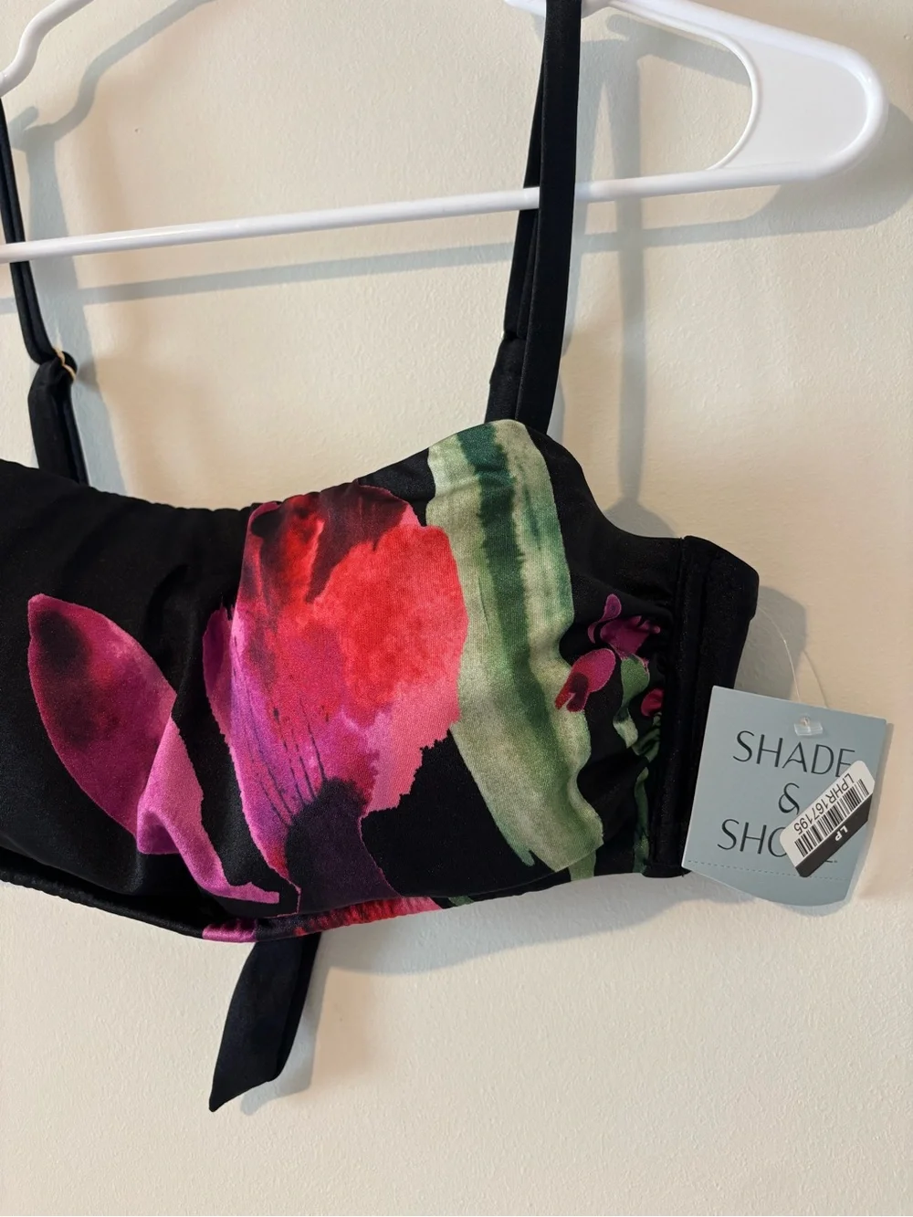 Shade & Shore Black Bandeau Bikini Top Floral Print Tie Back Size D/DD